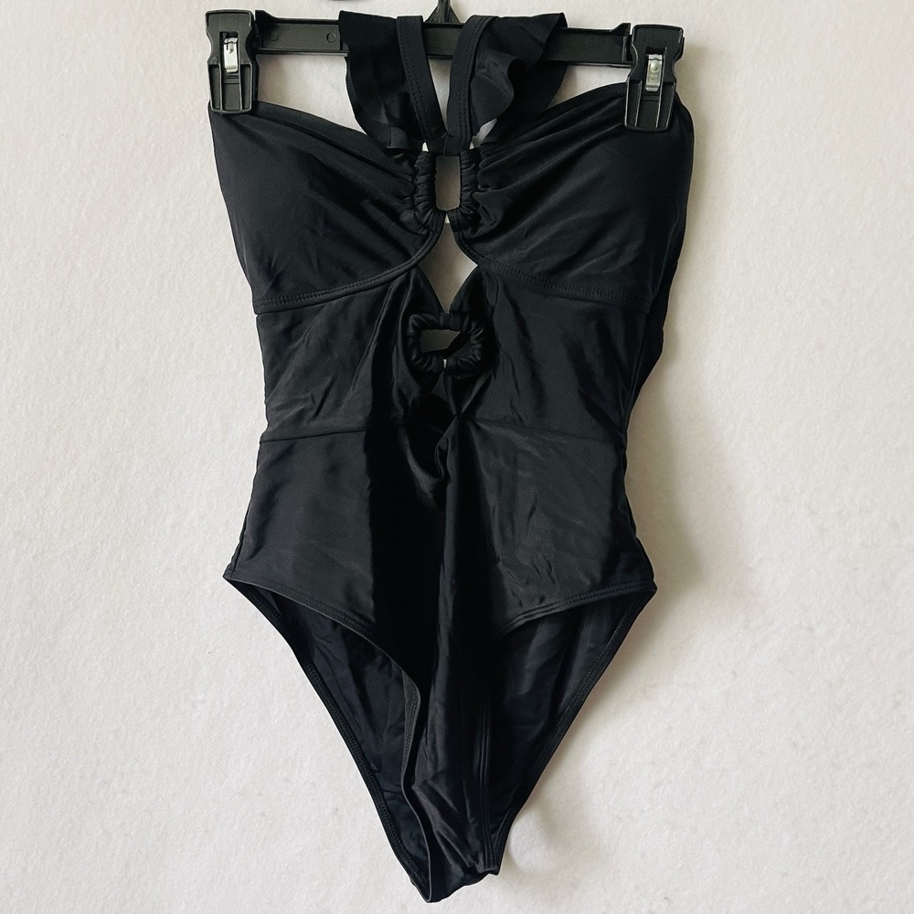 One Piece‎ Women's Swimsuit Size S Black with Neck Strap & Ruffle Detail